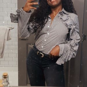 SEN plaid long sleeve shirt with Ruffles